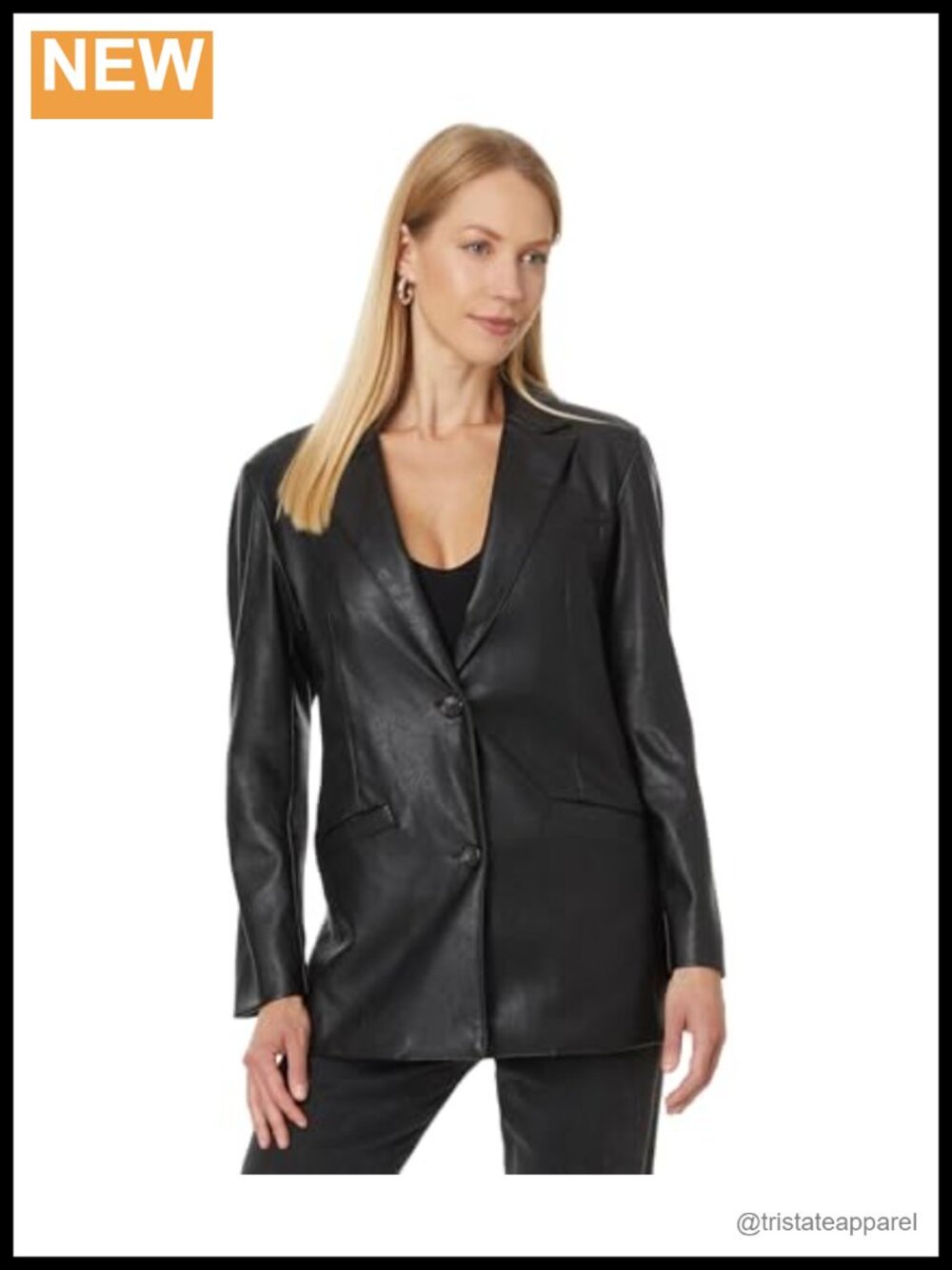 Faux Leather Single Breasted Blazer Notch Collar Long Sleeve